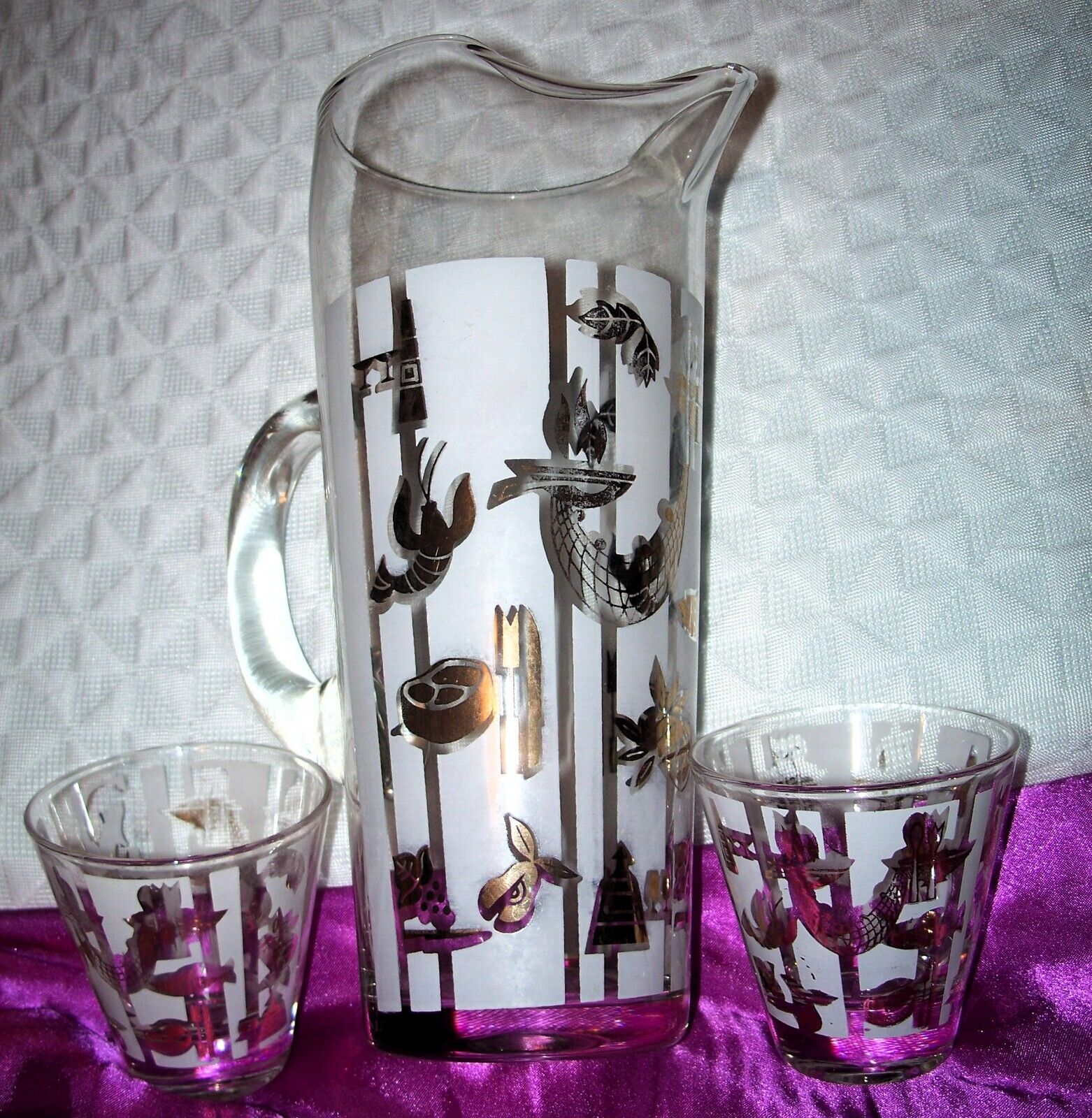 Mid Century Georges Briard Cocktail Martini Pitcher Whiskey Rock Glasses Fishnet