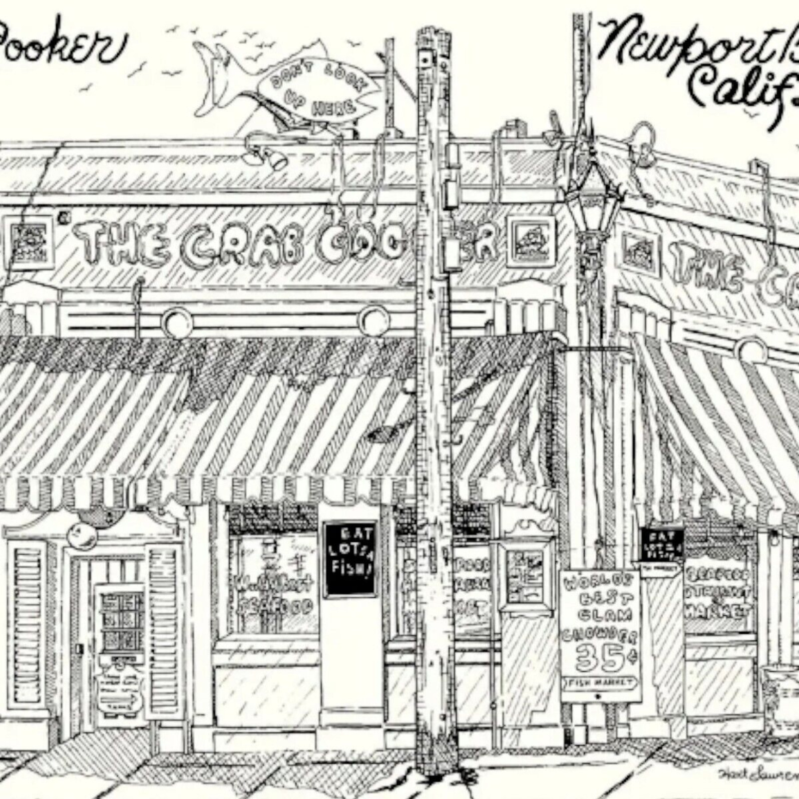 Newport Beach CA Crab Cooker Restaurant Postcard Illustrated Unposted Vintage