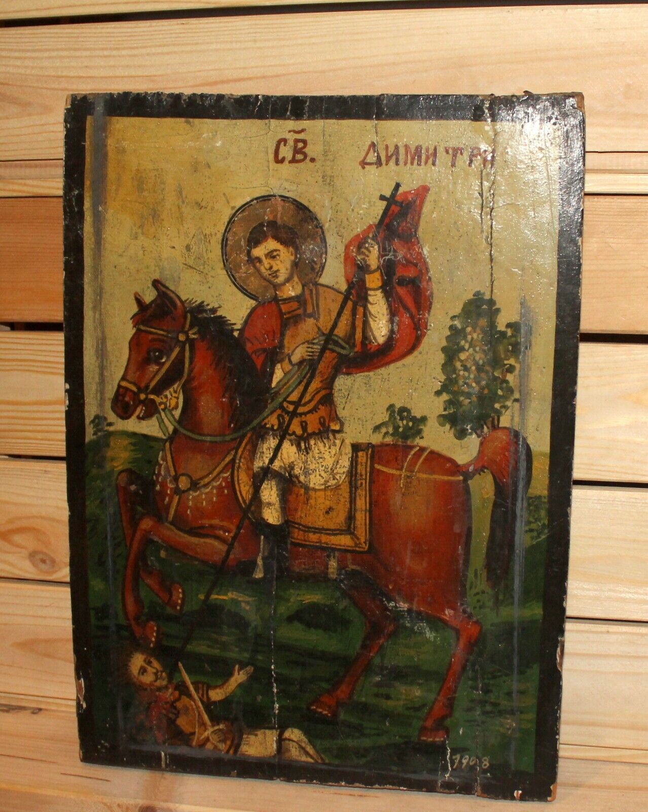 1908 Religious hand painted icon Saint Demetrius
