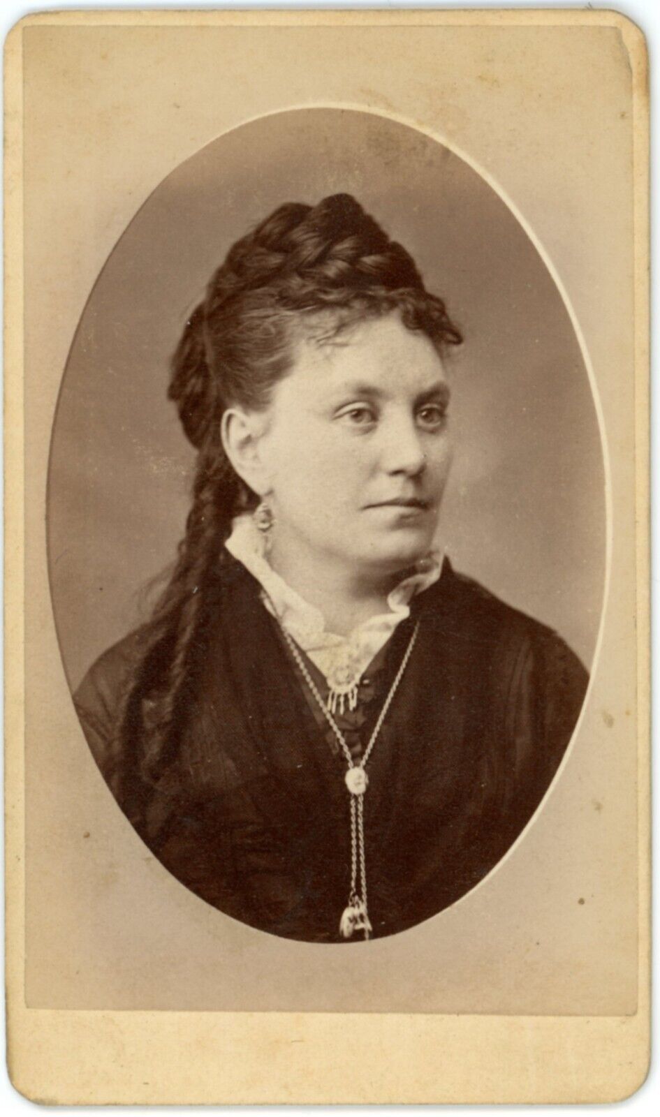 CIRCA 1880s LADY IN FANCY BLACK DRESS J.S. MITCHELLS BOSTON MASSACHUSETTS