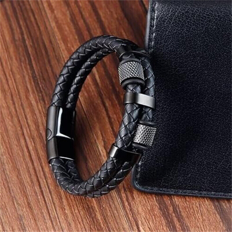 Men\'s Genuine Leather Braided Bracelet Stainless Steel Magnetic Buckle Bangle