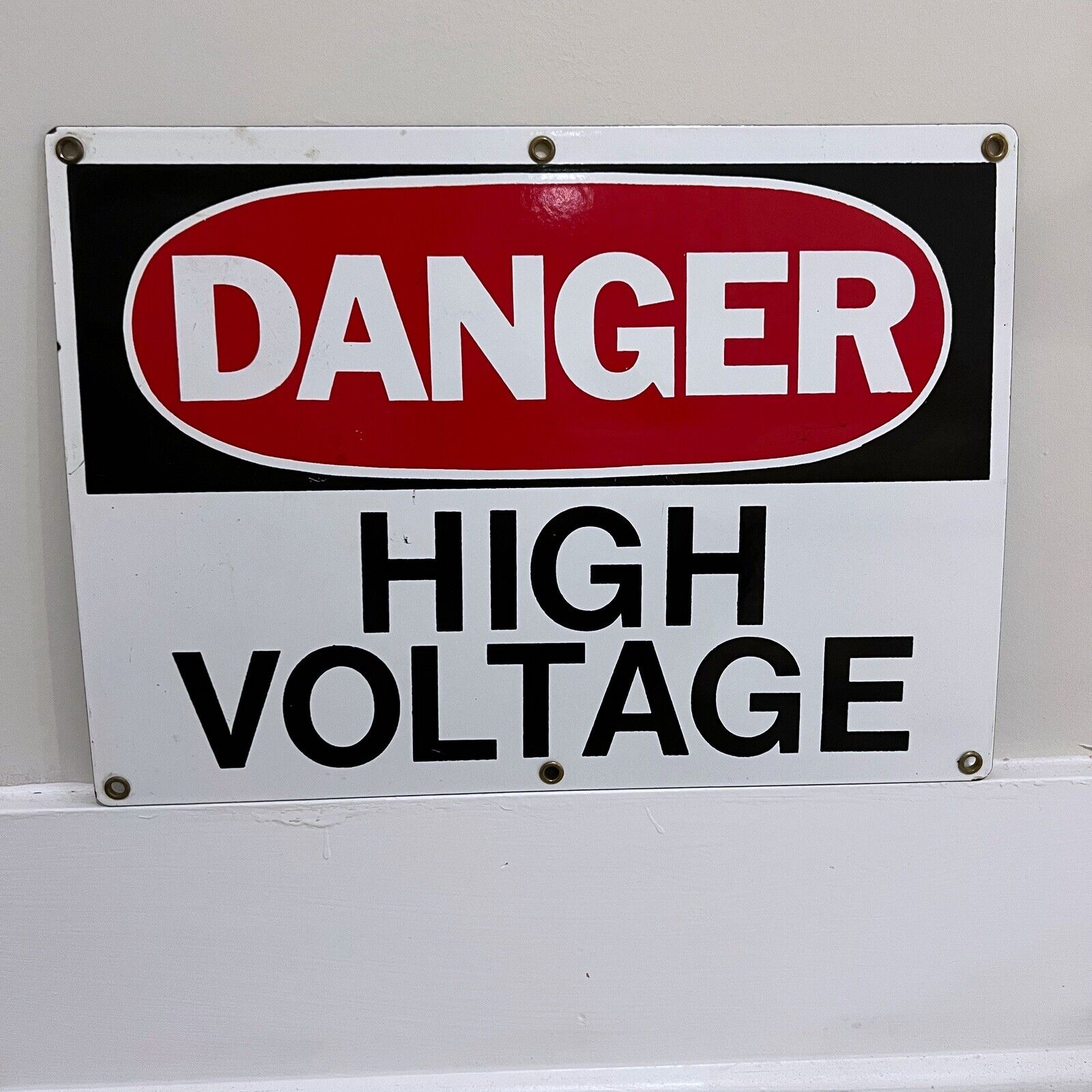 Vintage Power Danger High Voltage Porcelain Enamel Metal Sign Man Cave 14 x 10