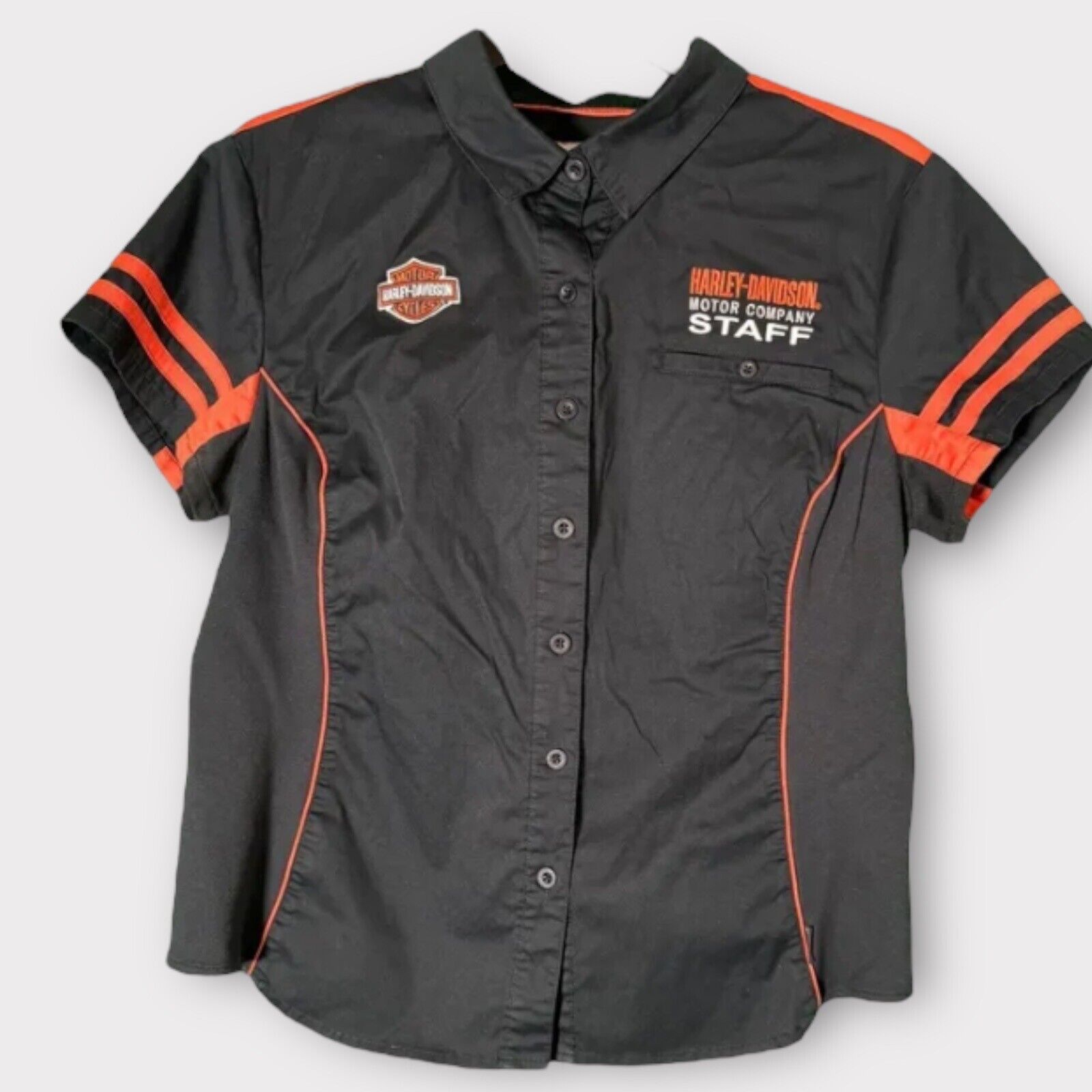 Vintage Harley Davidson Staff XL Black Orange Embroidered Button Down Shirt