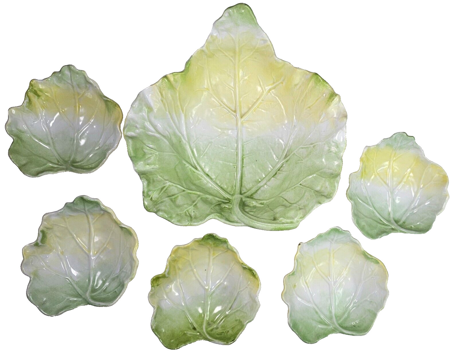Vintage Cabbage Leaf Serving & Eating 6 Bowl Matte Green Yellow White Porcelain