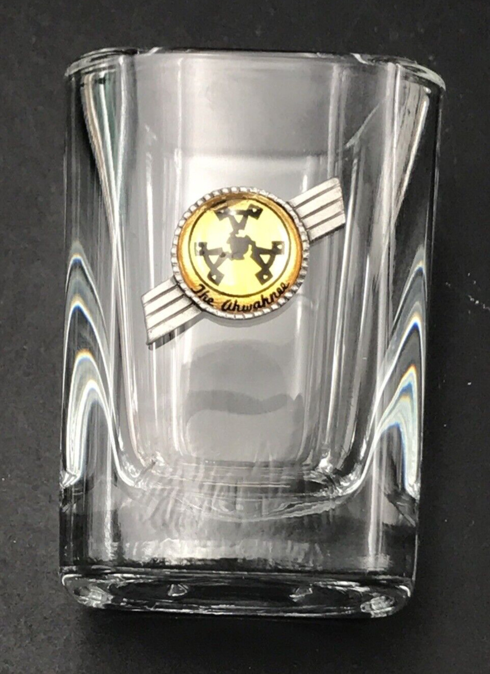 The Ahwahnee Hotel Glass w/ Metal Emblem Logo Shot Glass 2.5\