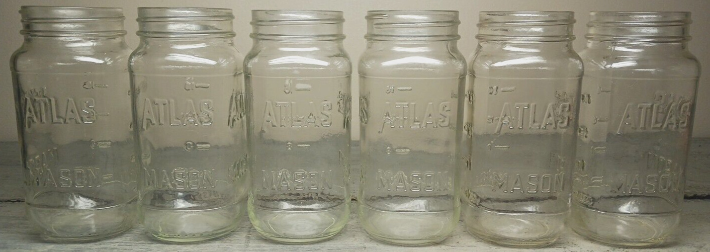 /2 Dozen (6) Vintage Atlas Mason Jars Impressed Markings & Measurements 24oz.