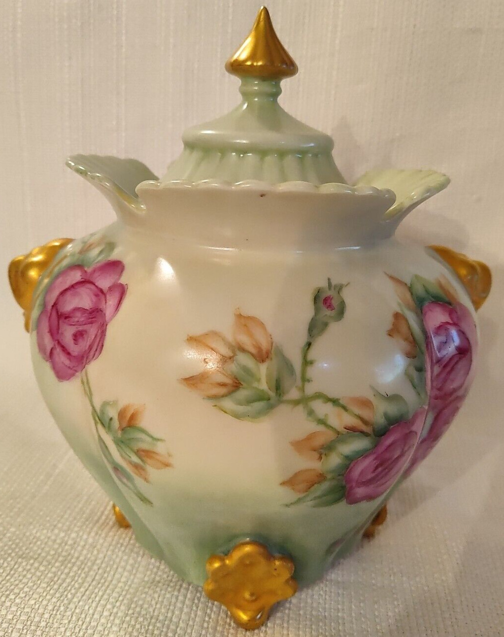 Antique Hand-painted Footed Biscuit Jar W/Lid Roses Pink Yellow Gold Trim EUC