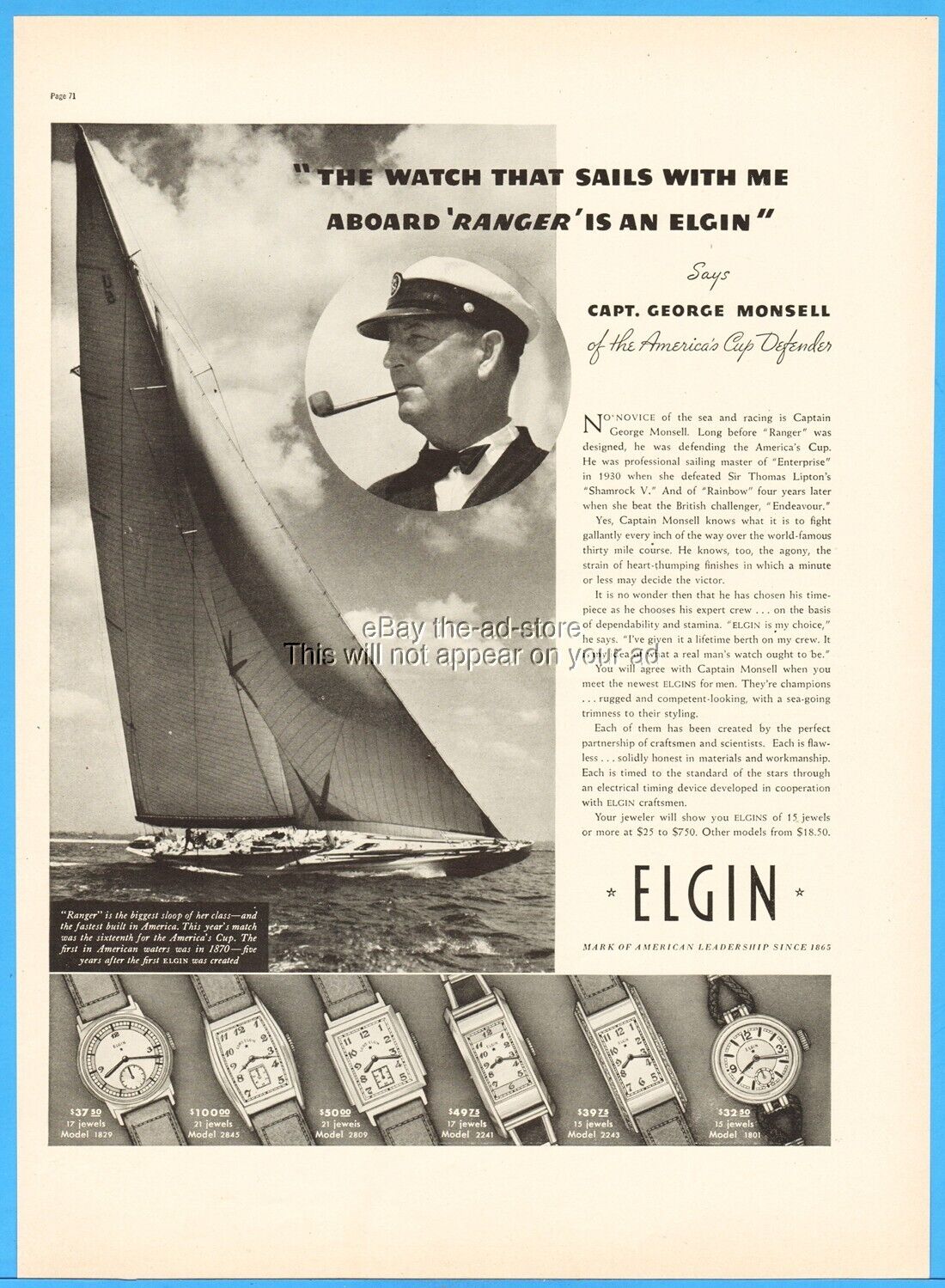 1937 Elgin Men\'s Watch Capt George Monsell Ranger Racing Yacht America\'s Cup Ad