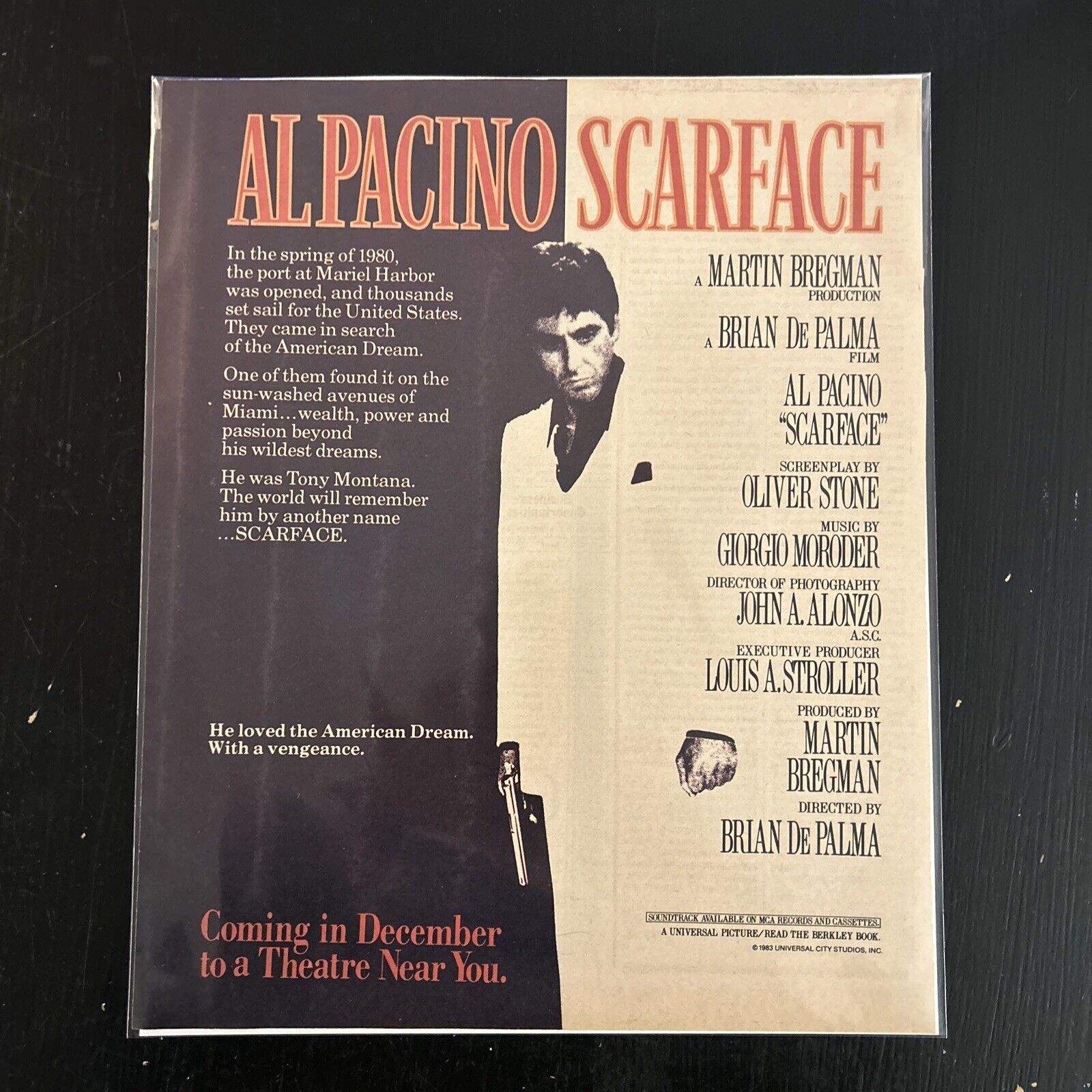 1983 AL PACINO SCARFACE Movie Release Promo Print Ad Approx 10”x12.5”
