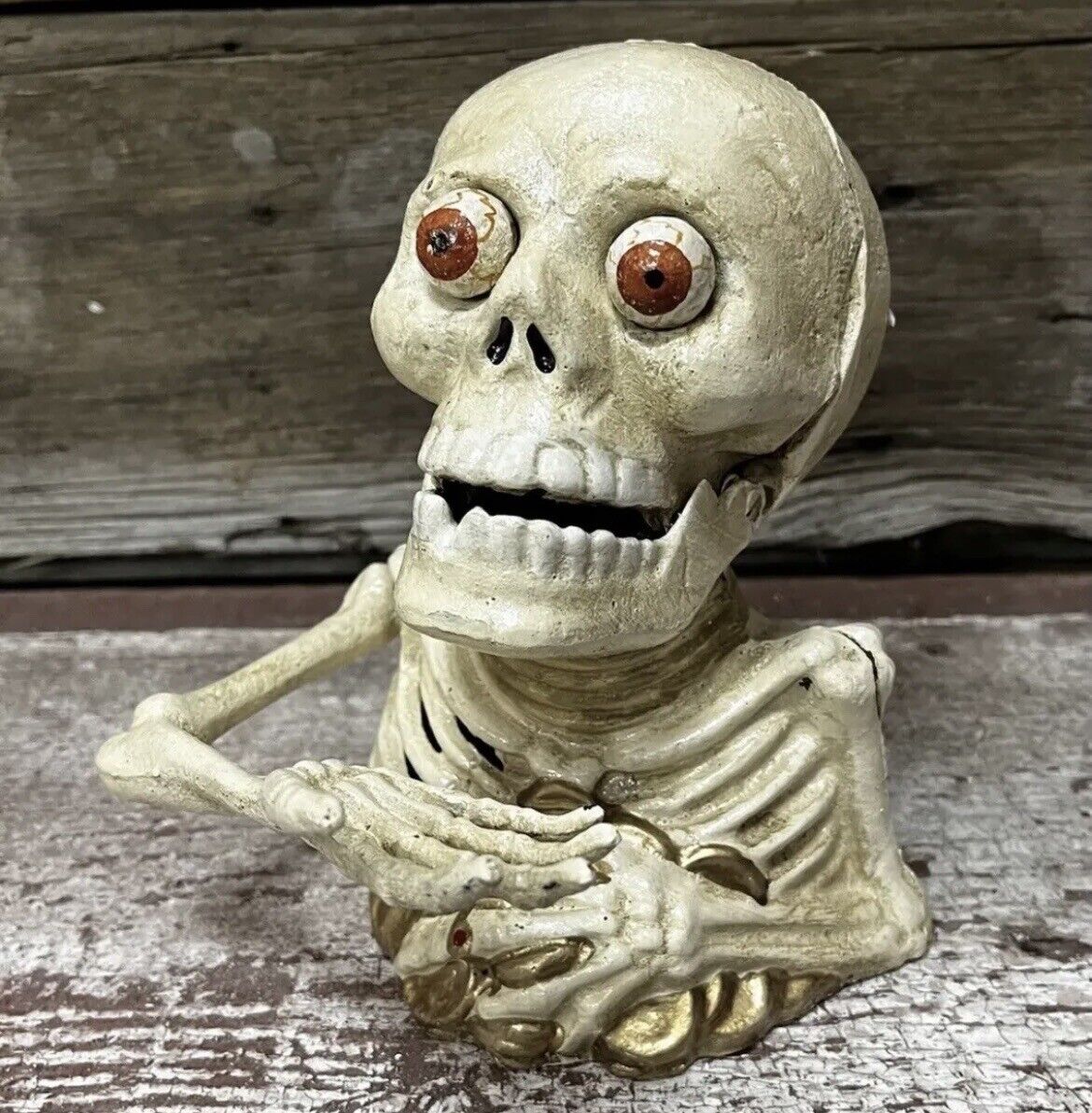 MISER Skeleton with Popping Eyeballs 6.5” Tall Cast Iron Mechanical Coin Bank