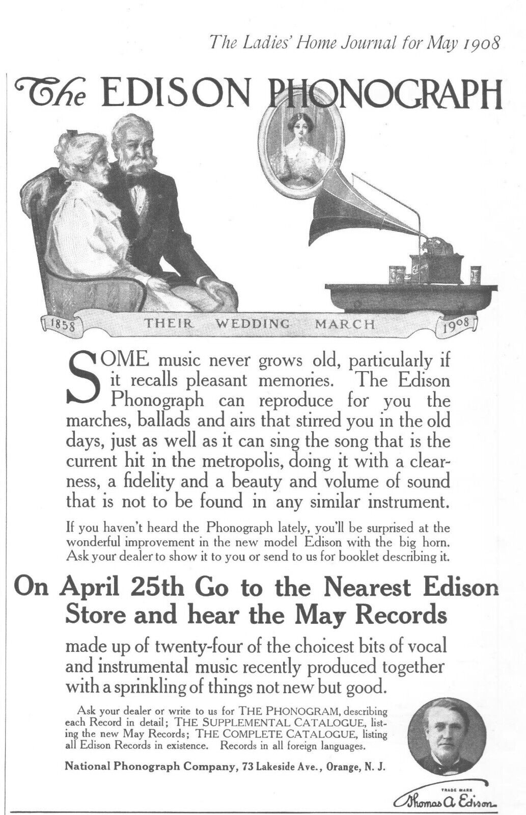 1908 Edison Phonograph Company  Antique Print Ad 50th Wedding March Couple