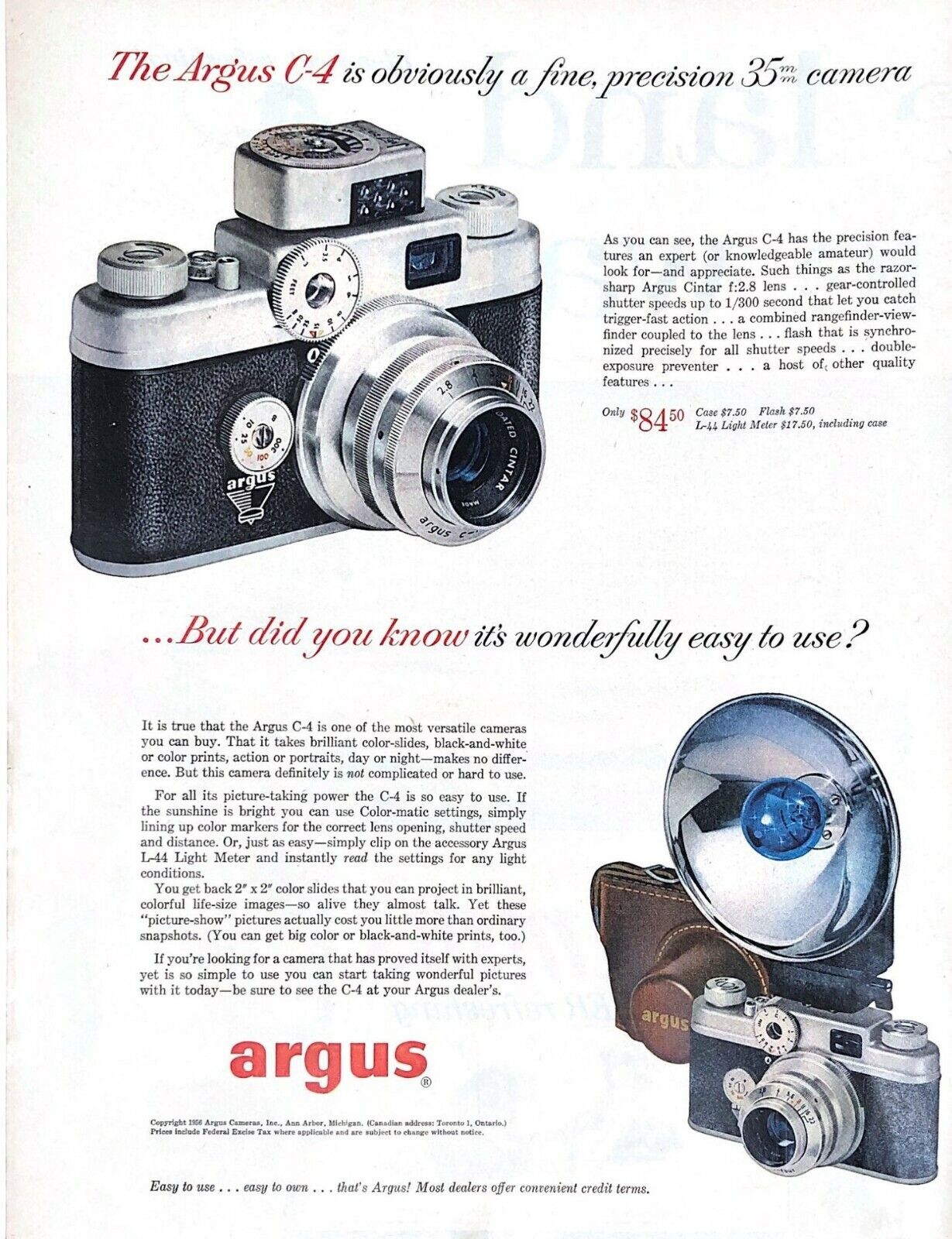 1956 Argus C-4 Camera Vintage Print Ad Precision 35mm Easy To Use 