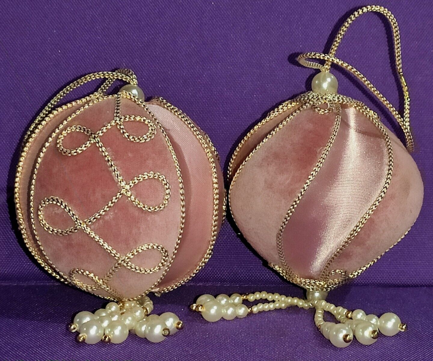 2 Pink Velvet Christmas Ornaments With Beaded Tassels 5\