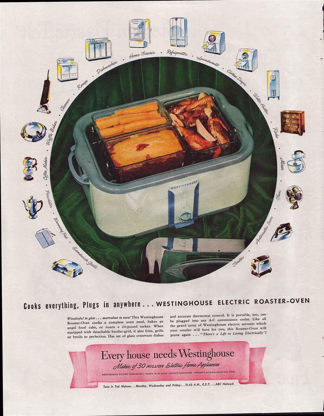 1946 Westinghouse Electric Roaster Oven Ted Malone ABC Vintage Print Ad L38