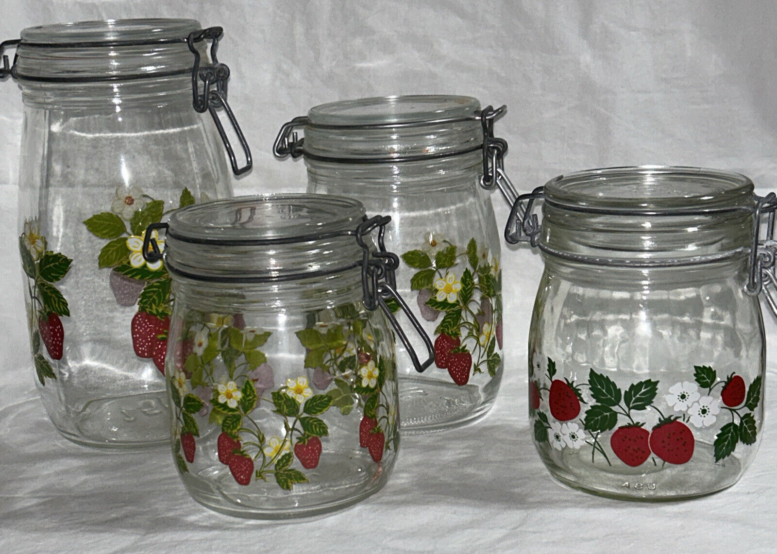 Vintage Arc Strawberry & Floral Glass Canister Storage Set of 4 Hinged Lids VGC