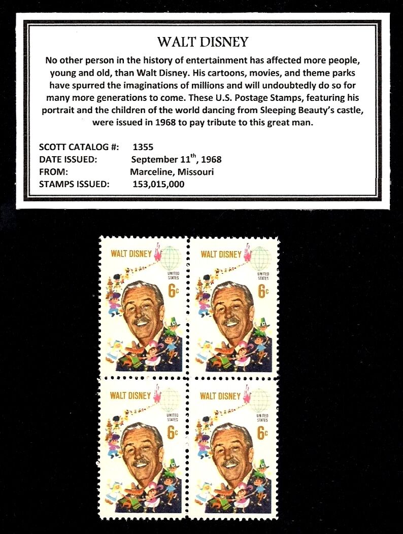 1968 - WALT DISNEY -  Block of Four Vintage Mint U.S. Postage Stamps