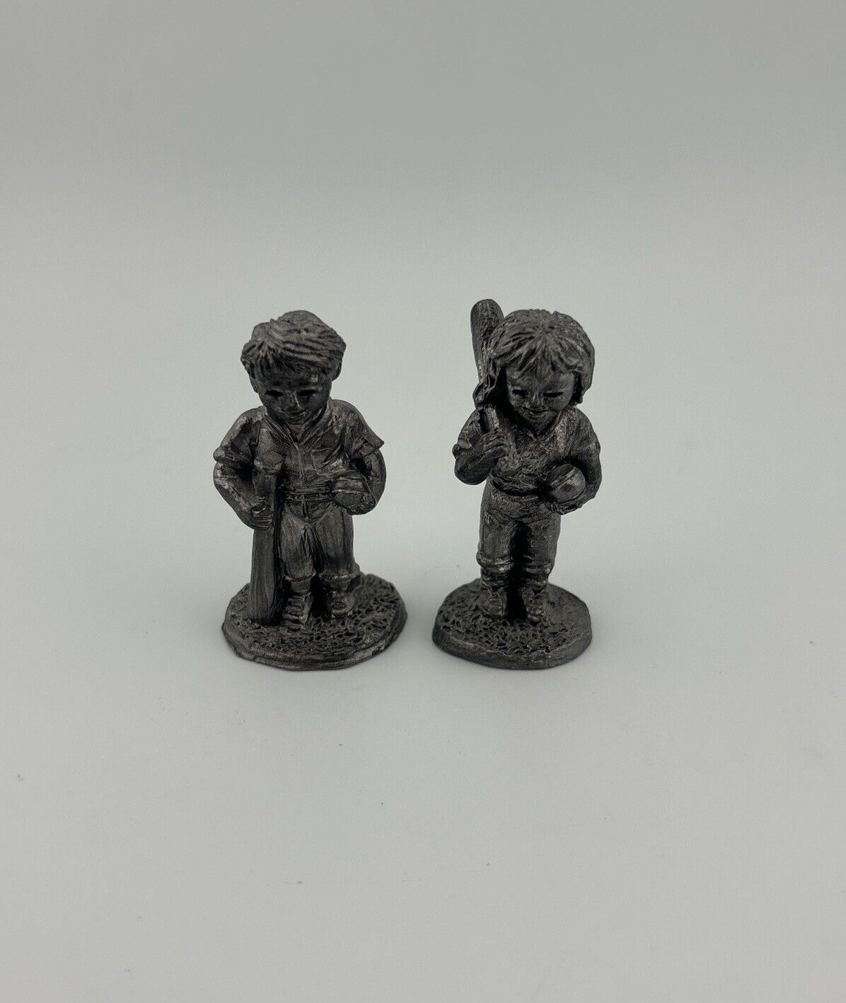 Pair Of Ricker Pewter Figurines Boy & Girl with Baseball Bats ‘86 RB