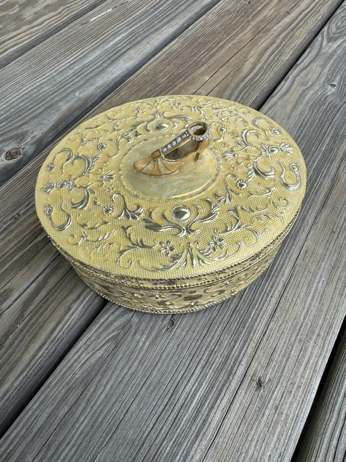 Vintage Gold Oval Jewelry Trinket Box Rococo Style Filigree Heel On Top