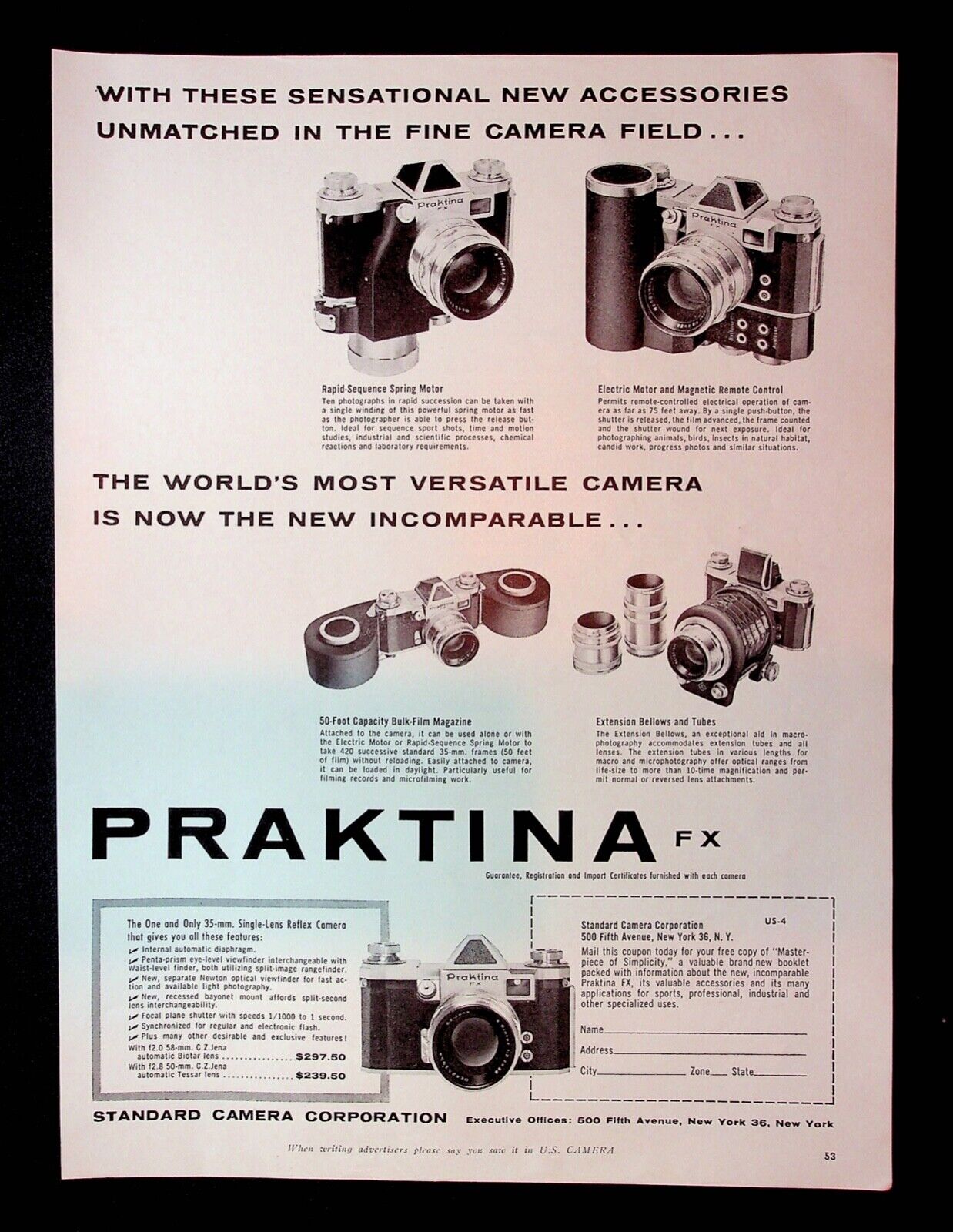 1956 Praktina 35mm Camera Accessories Standard Camera Corp Vintage Print Ad