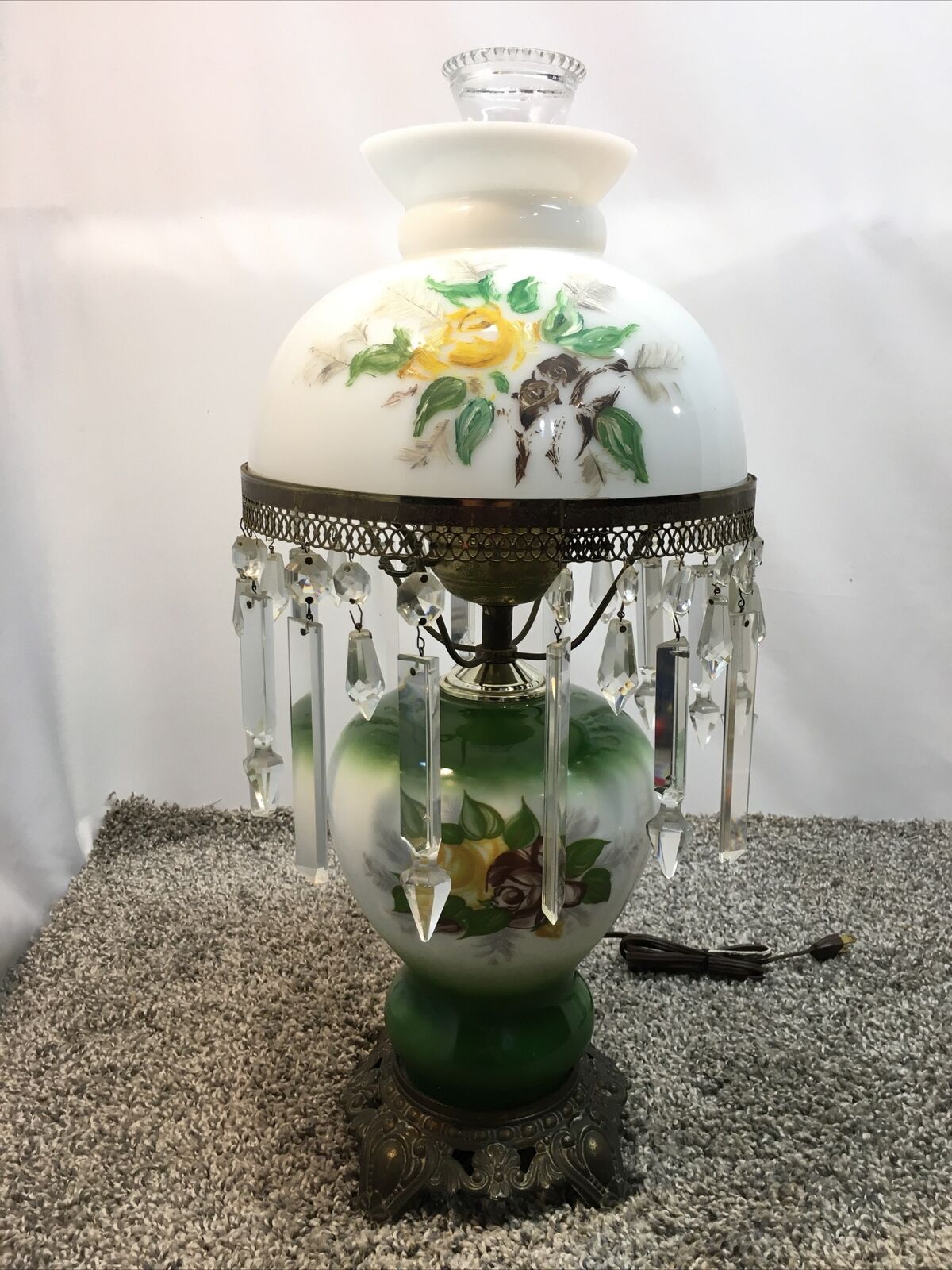 Vintage GWTW 3 Way Hurricane Lamp Green Floral Milk Glass with Prisms