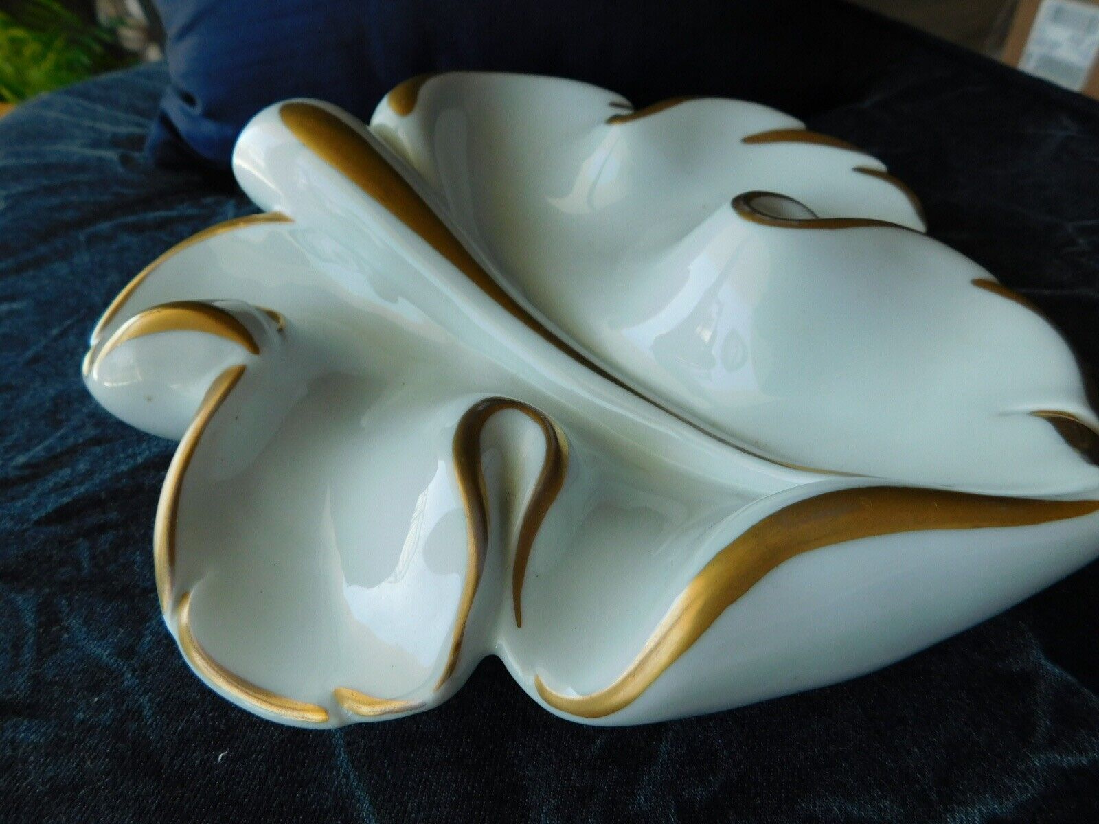 MC Vintage porcelain Limoges Pates Emaux  Large leaf shape gold trim dish
