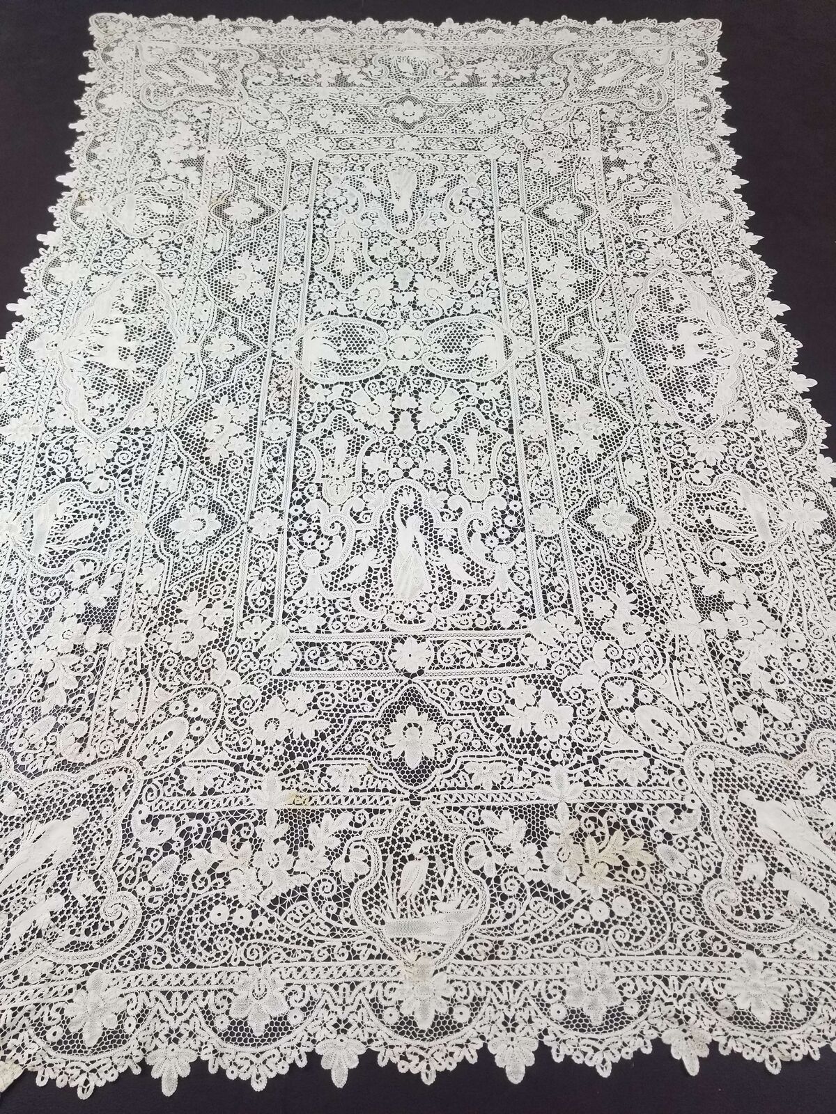 Antique beautiful 19thC French handmade tape lace figural tablecloth 244x153cm