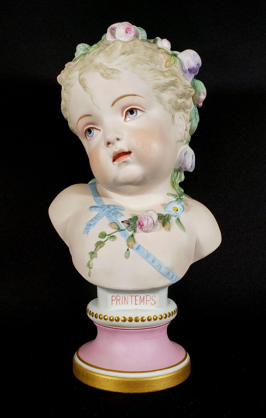 Antique Printemps Spring Vion & Baury Child Porcelain Bust Statue Green Anchor