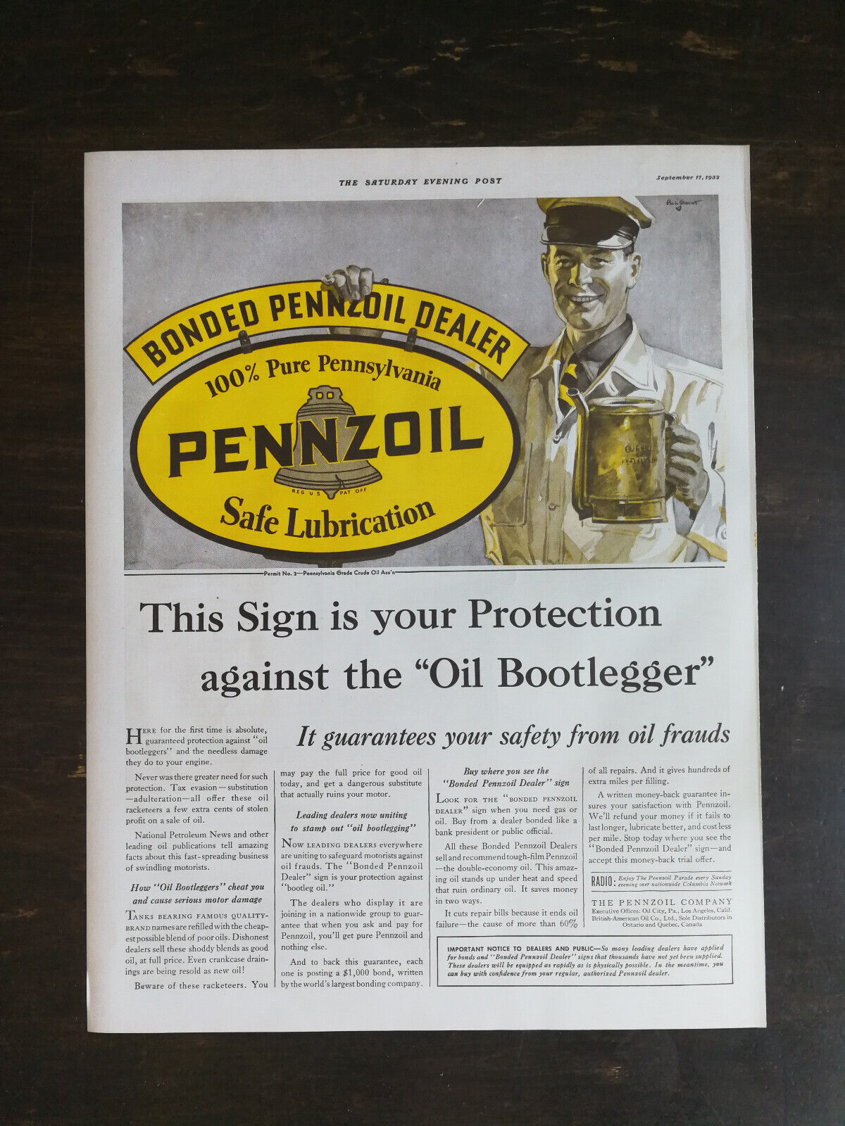 Vintage 1932 Pennzoil Oil Safe Lubrication Full Page Original Ad 424