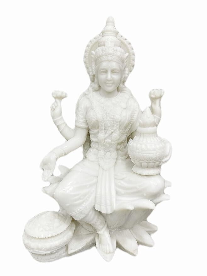Resin Sitting Marble White Laxmi On Lotus for Home Decoration-Height-8.5 inches