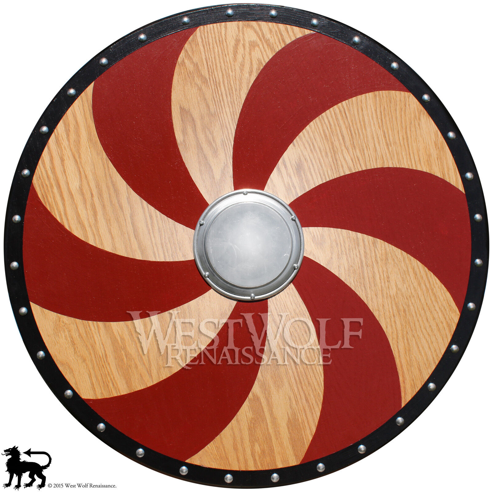 Viking Red Spiral Shield - Golden Oak --- sca/larp/norse/warrior/armor/Norway