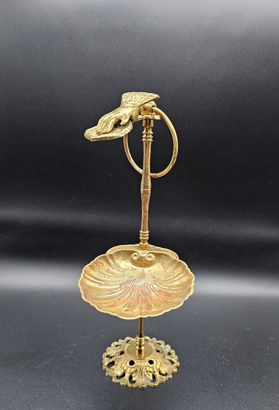 Vtg Brass Hand Clip Holder Stand with Clam Shell Trinket Dish Made In Japan READ