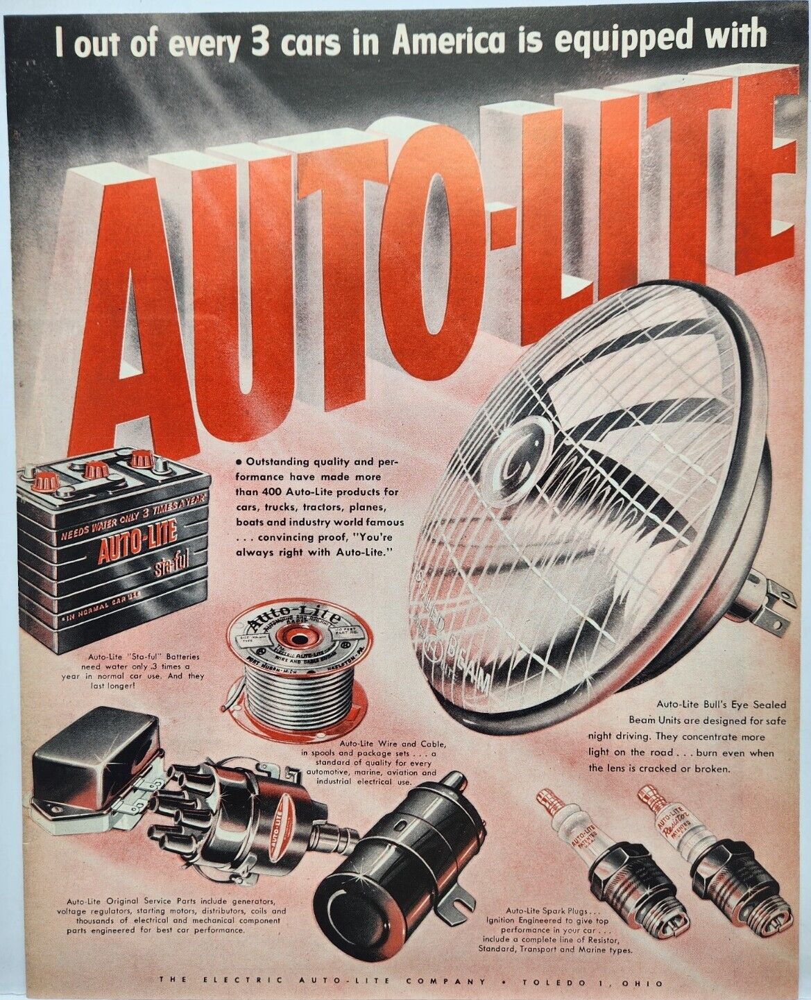 1953 Auto Lite Battery Headlights MCM Vtg Print Ad Man Cave Poster Art Deco 50\'s