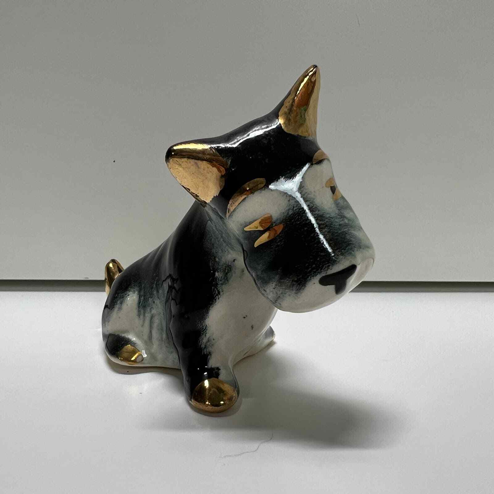 Scottish Terrier Scotty Dog Animal Small Ceramic Figurine Black White Gold Trim