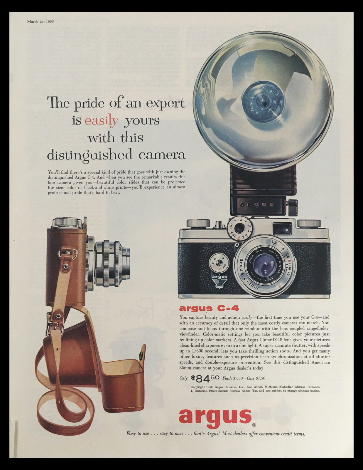 1956 Argus C-4 Distinguished Camera Vintage Print Ad