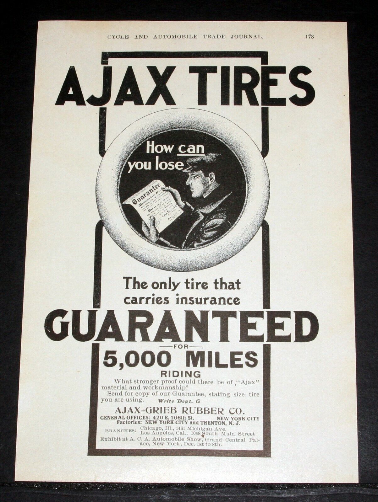 1906 OLD MAGAZINE PRINT AD, ONLY AJAX-GRIEB RUBBER TIRES THAT CARRIES INSURANCE