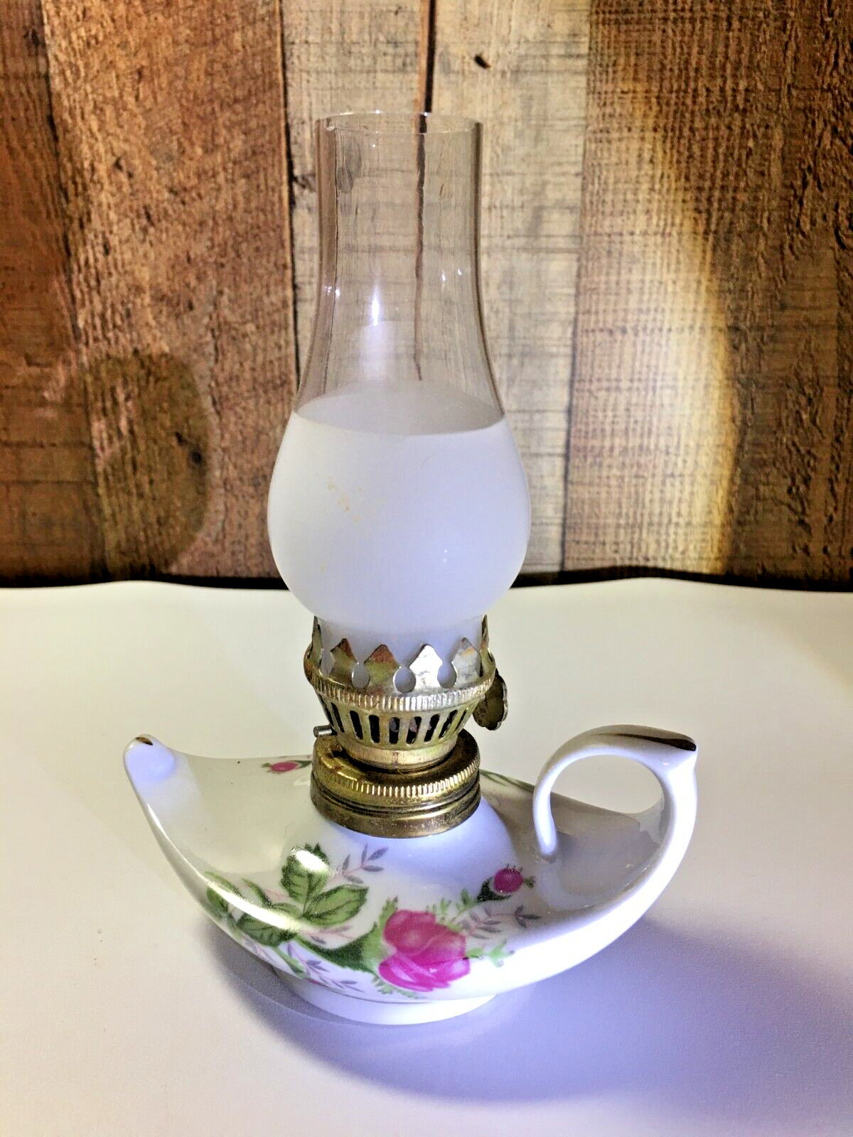 Vintage Mini Genie Ceramic Porcelain Oil Kerosene Lamp Moss Rose Aladdin 