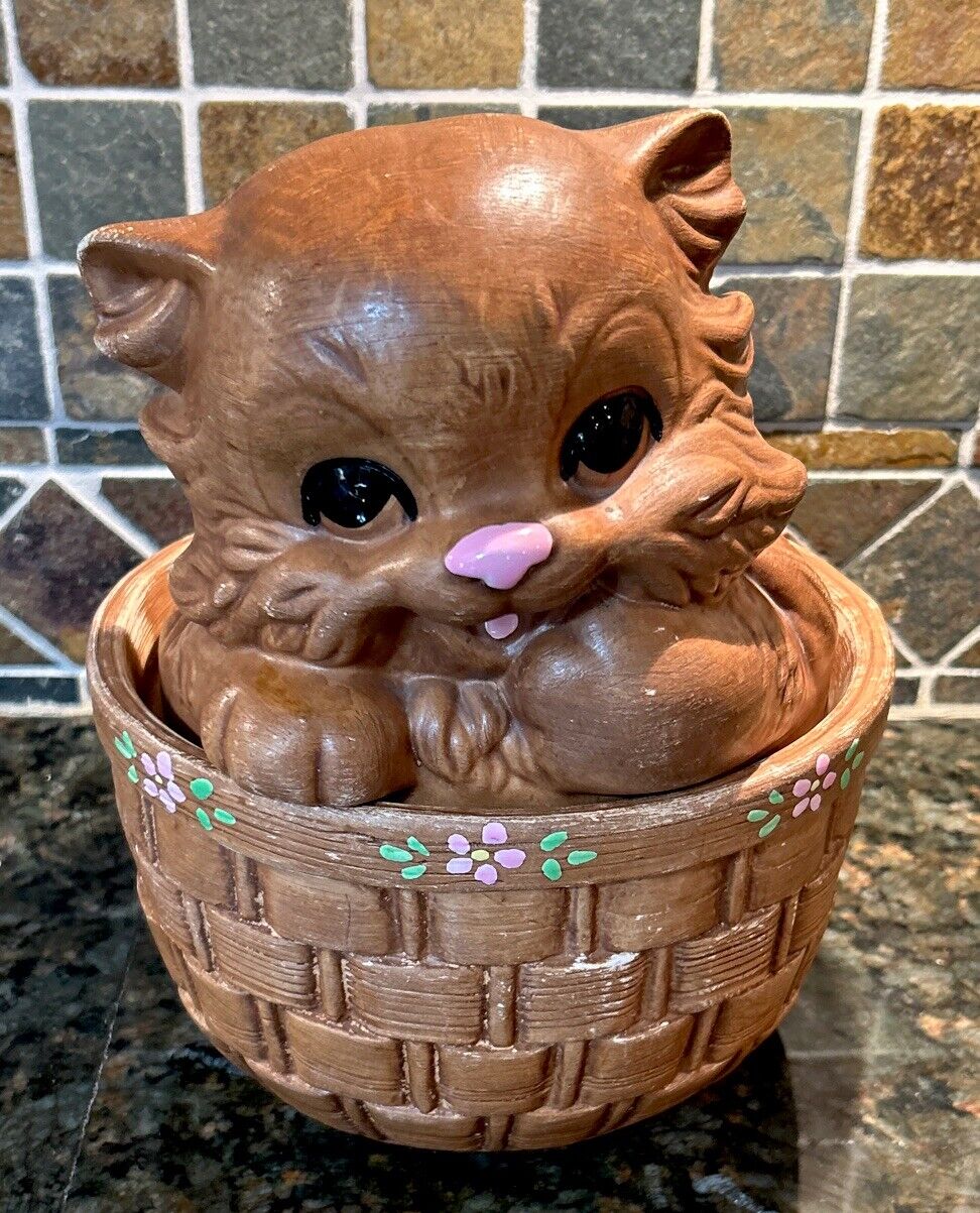 Vintage Twin Winton California Pottery Brown Cat Kitten In Basket Cookie Jar