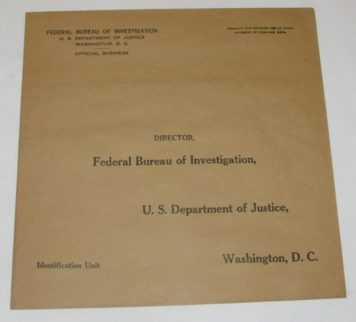 VINTAGE UNUSED DIRECTOR FBI ENVELOPE IDENTIFICATION UNIT, D.C BIG 8 3/4