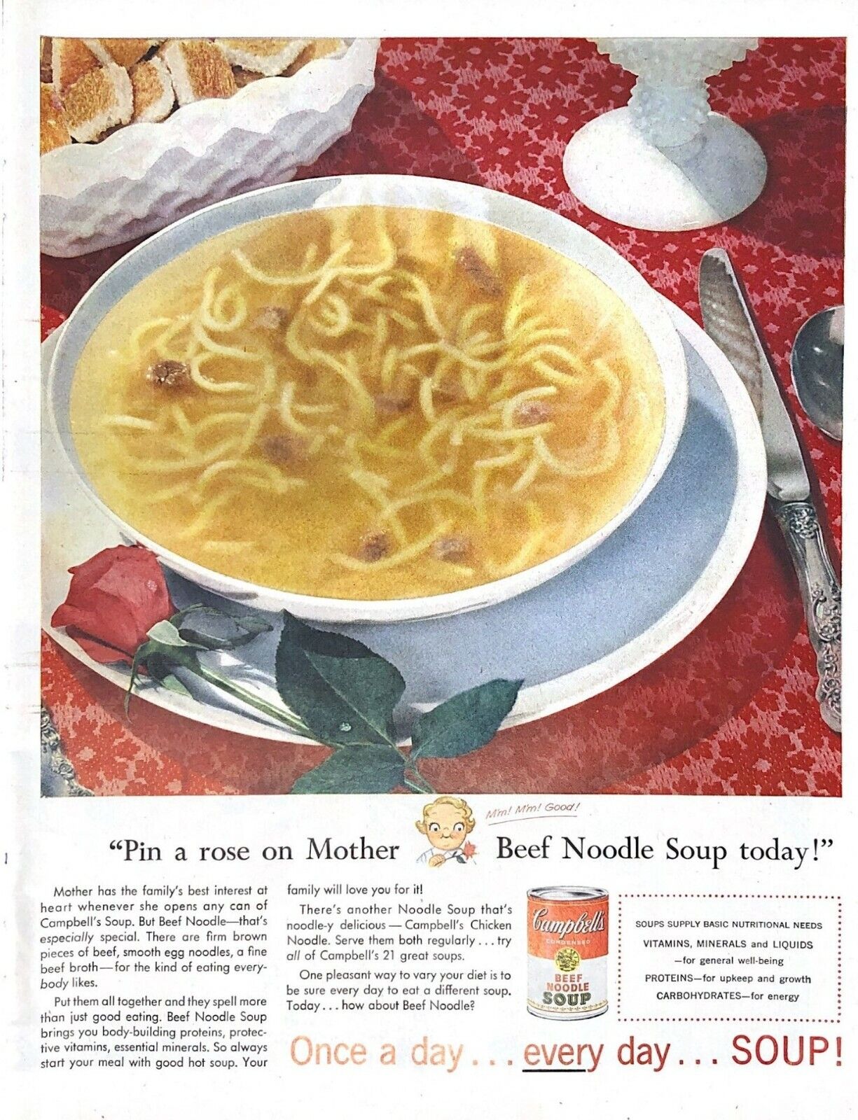 1956 Campbell\'s Beef Noodle Soup Vintage Print Ad Pin A Rose On Mother 