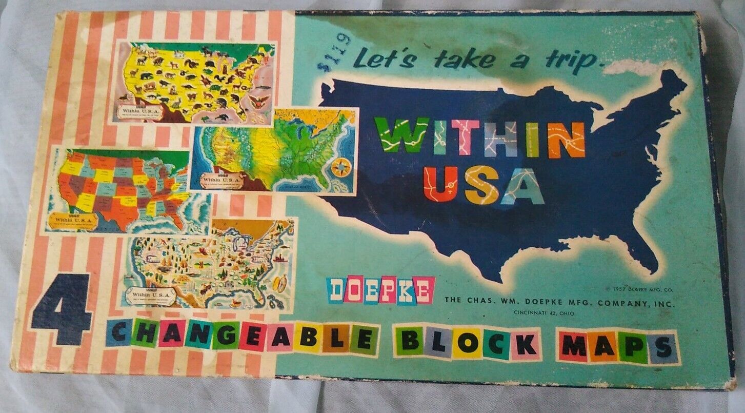 Chas Wm Doepke VTG 1950s Wooden Block Maps Toy Let's Take A Trip Within USA 1957