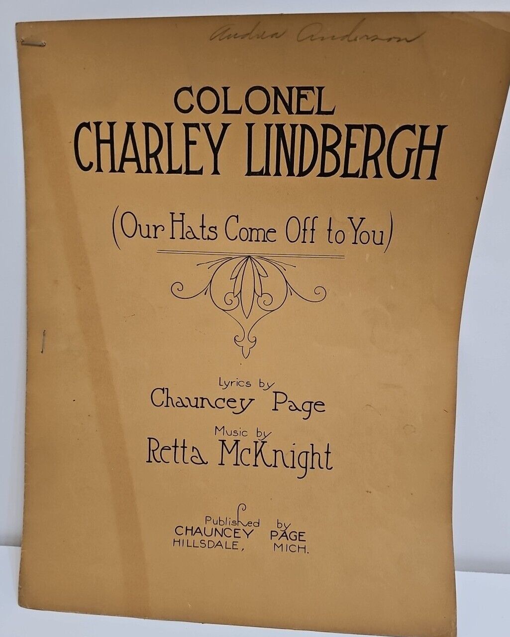 Colonel Charley Lindbergh” sheet music; VERY RARE; 1927 Chauncey Page