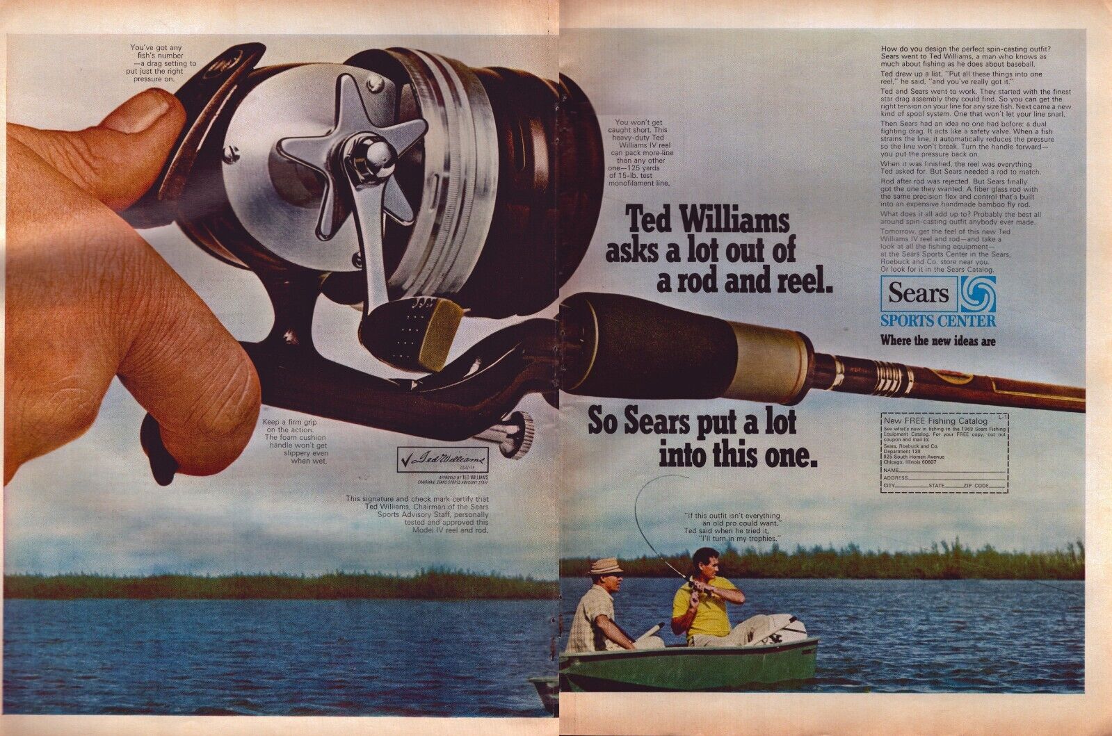 1969 Sears Ted Williams Fishing Rod Reel TWO PAGE Print Ad Boat Sports Center