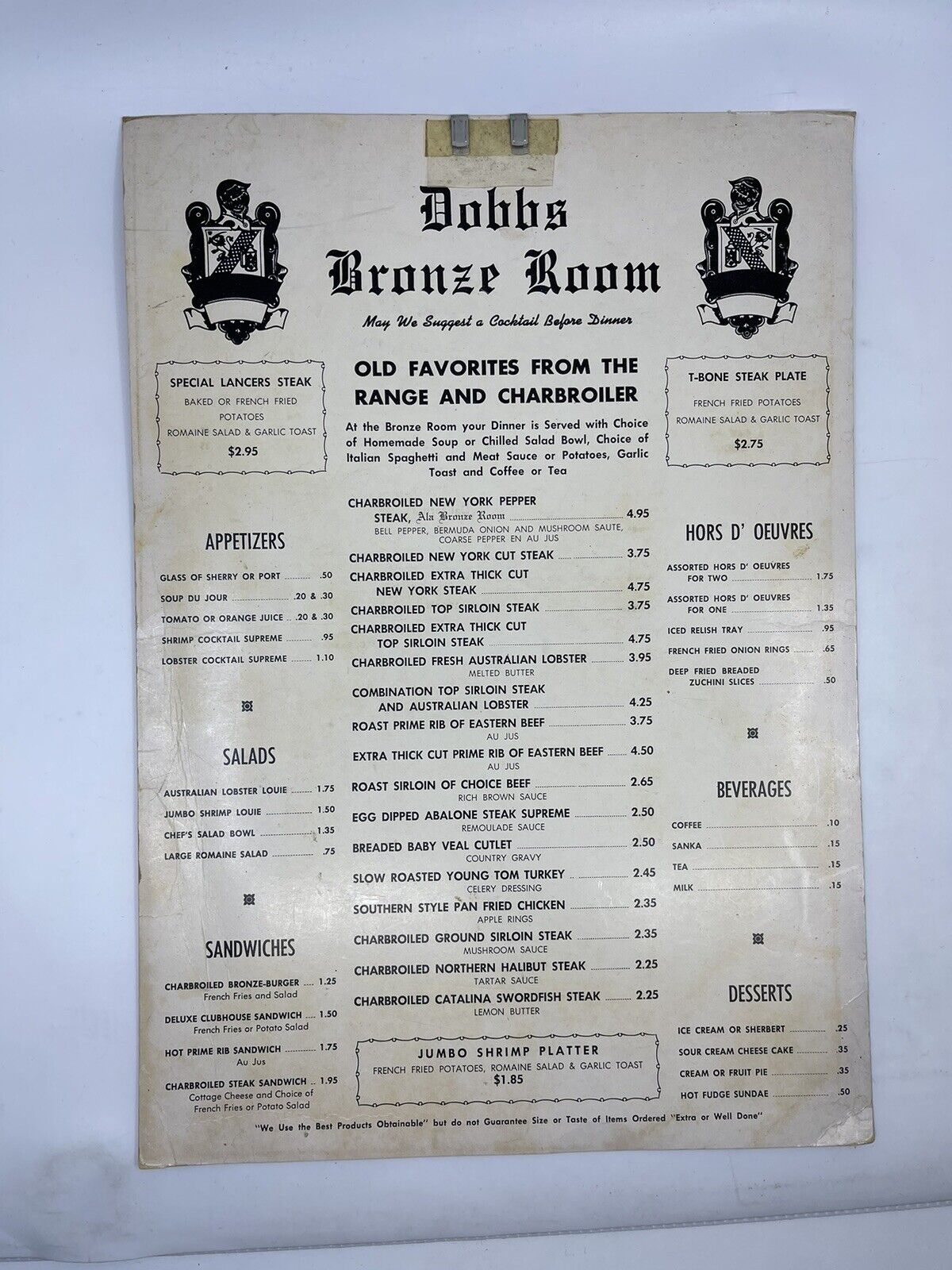 1950s Dobbs Bronze Room Vintage Steakhouse Menu CA Original Mid-Century RARE