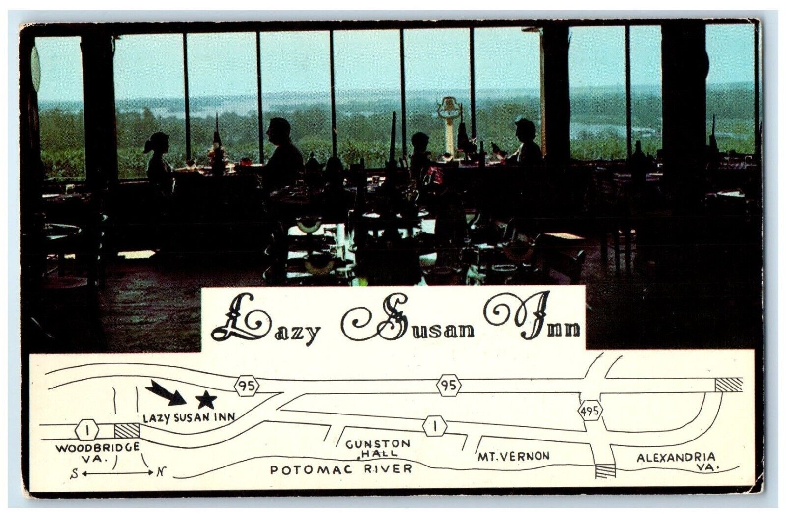 c1930\'s Lazy Susan Inn Dining Room Map Guide Overlooking Potomac River Postcard