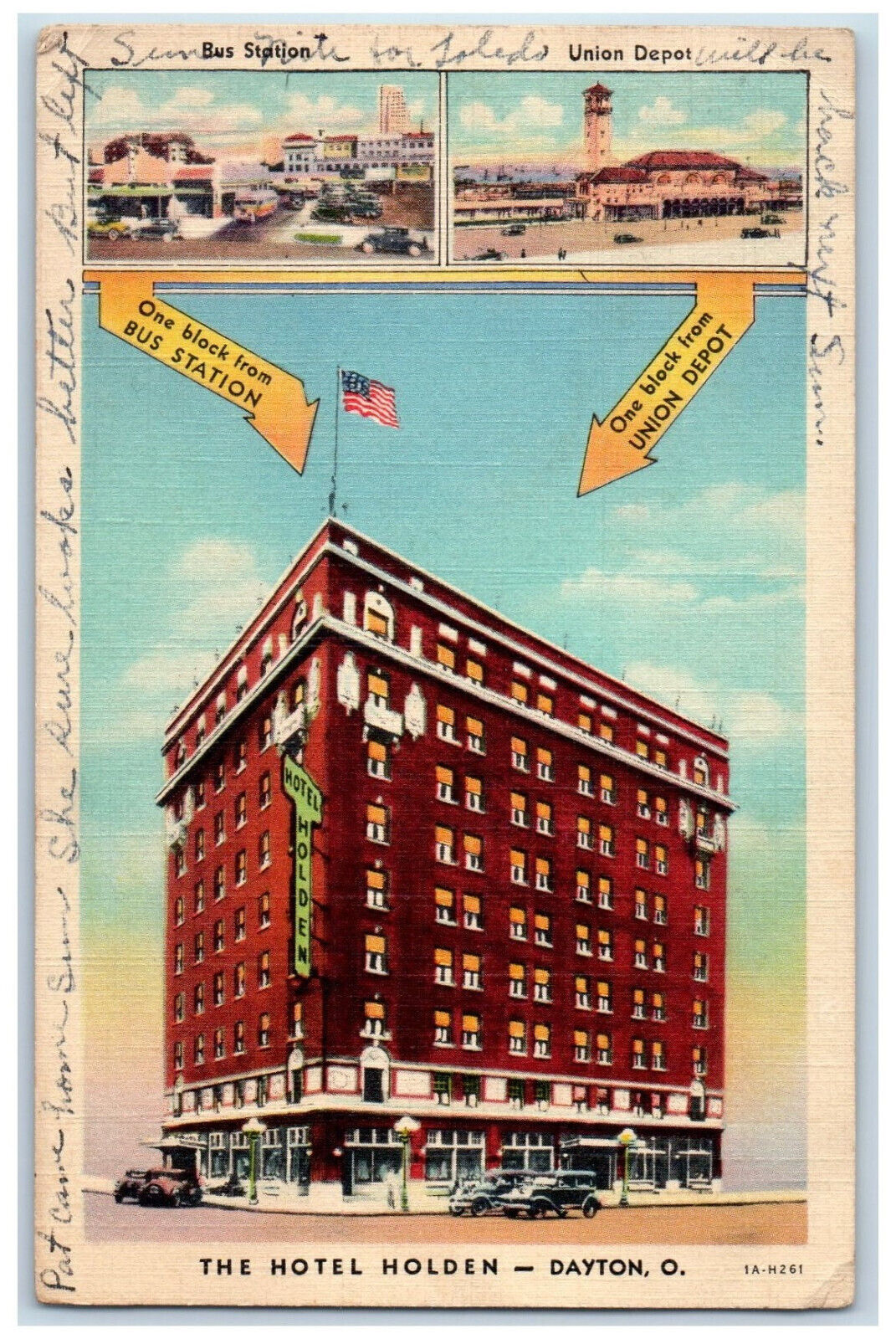 1940 The Hotel Holden Bus Station Union Depot Dayton Ohio OH Postcard