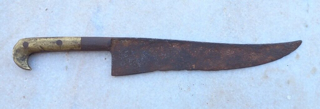 Old Rare Antique Hand Forged Solid Iron Brass Work Handle Knife Sword Dagger