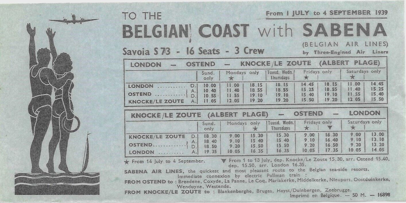 SABENA Belgian World Airlines 1939 SAVOIA S73 Timetable-London. 16 Seats 3 Crew