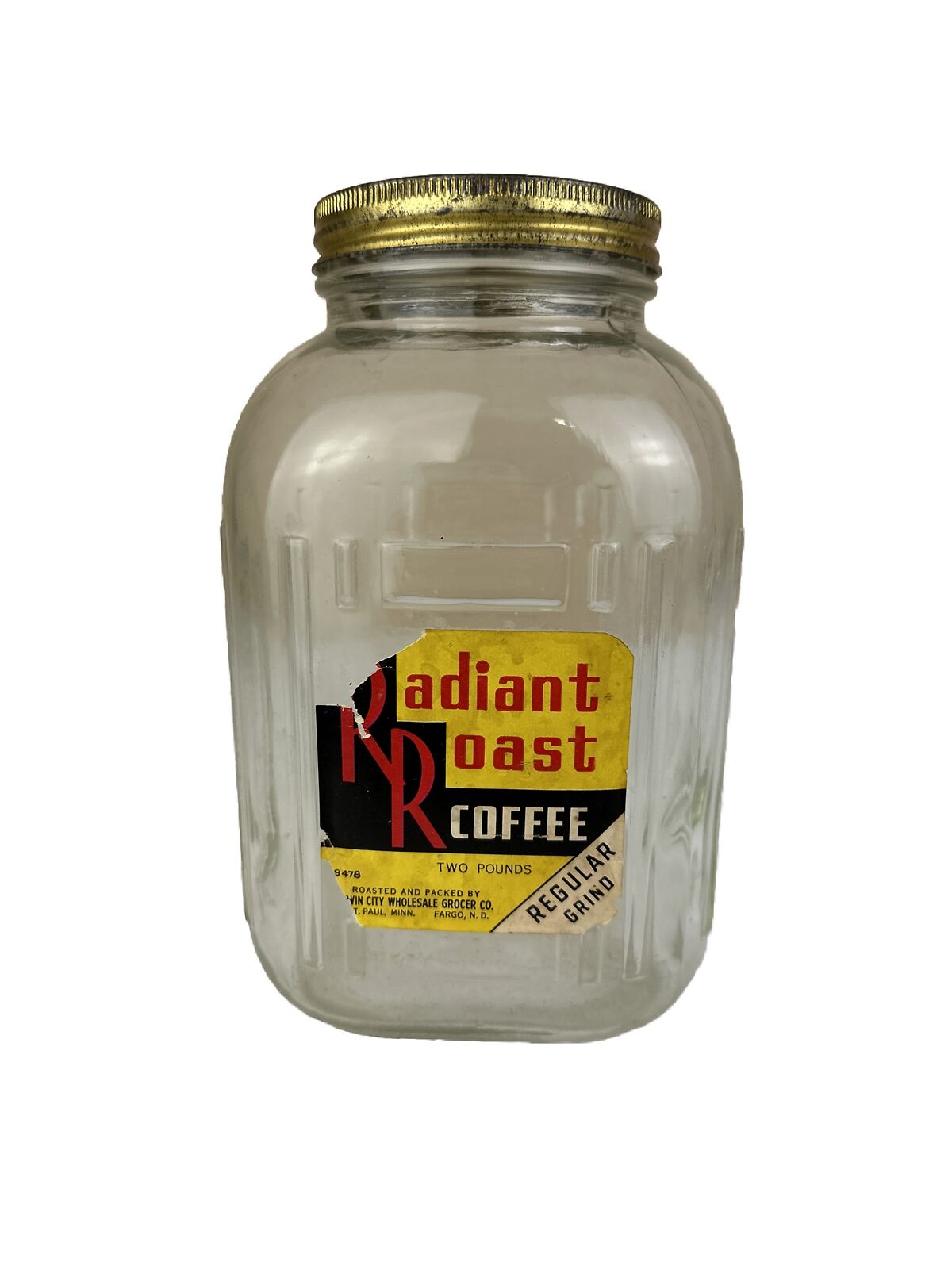 Vtg Radiant Roast Coffee Glass Jar Embossed 1940s Label Farmhouse 2 Lb Size