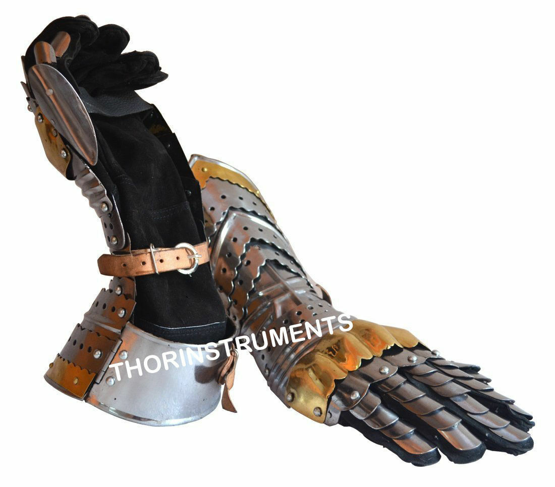 Medieval Knight Crusader Steel Gloves Armor Pair Brass Accents Gauntlet Gift