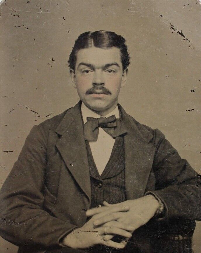 C.1860/70s Tintype Handsome Man W Unibrow Tinted Lips Cheeks Seated D40127